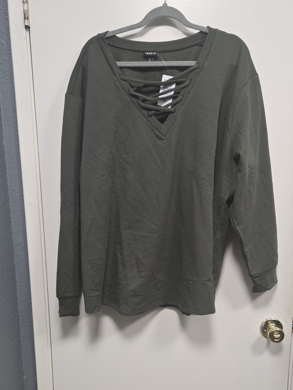 torrid Olive Lace-Up V-Neck Pullover Sweatshirt